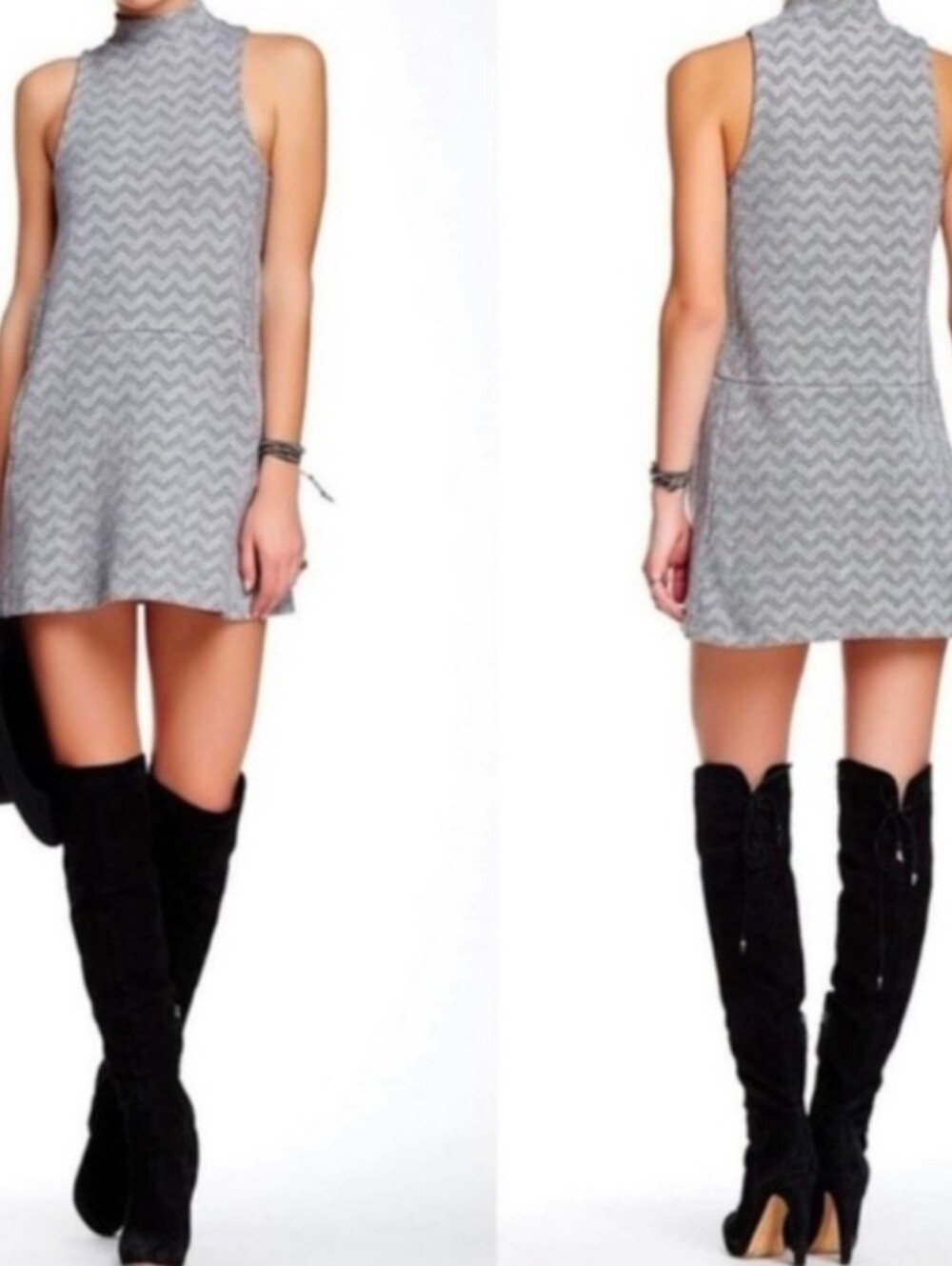 Free People Twiggy Gray Chevron Mock Neck Sleeveless Shift Dress Small S